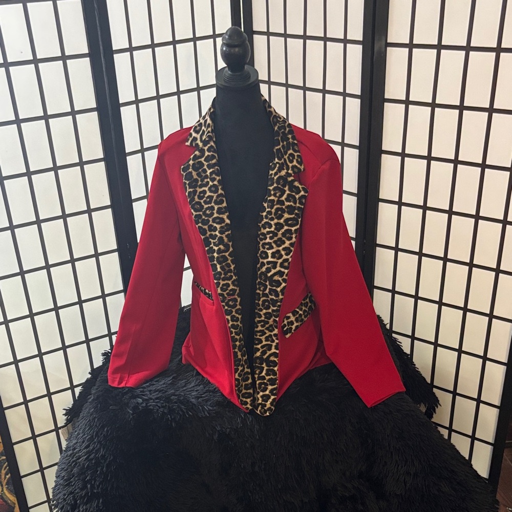 Red Women's Jacket with Leopard Trim